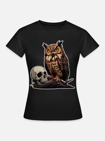 Mystische Eule sitzt auf einem Skull - Frauen T-Shirt - Schwarz