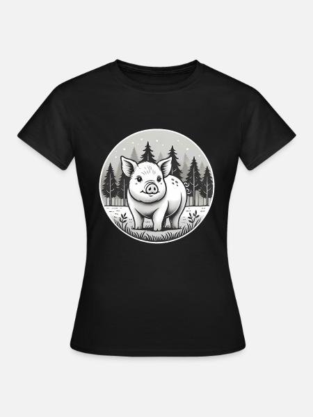 Rustikale Schwein-Illustration im Wald - Frauen T-Shirt - Schwarz