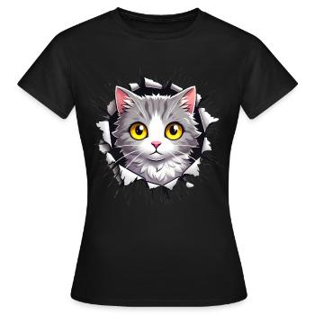 Spähende Katze durch gezacktes Loch - Frauen T-Shirt - Schwarz - Vorne - AI Model Female 172 dark (172cm)