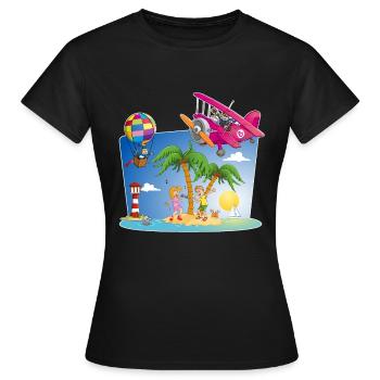 soleil, île, avion, palmiers, montgolfière - T-shirt Femme - noir - Devant - AI Model Female 172 dark (172cm)