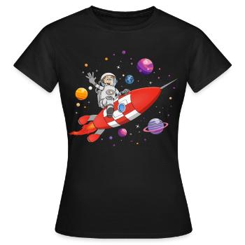 The astronaut and the red rocket in space. - Women's T-Shirt - black - Front - AI Model Female 172 dark (172cm)