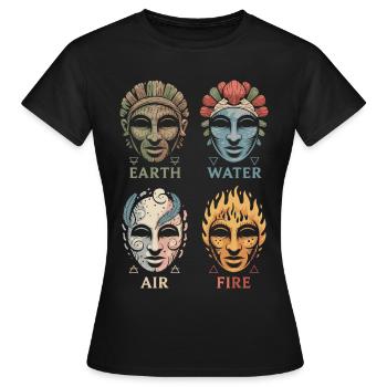 Quatre masques élémentaires | Symboles Alchimiques Art - T-shirt Femme - noir - Devant - AI Model Female 172 dark (172cm)