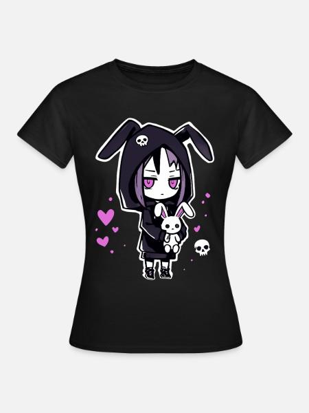 Gothic Anime Girl mit Bunny Hoodie und Totenkopf - Frauen T-Shirt - Schwarz
