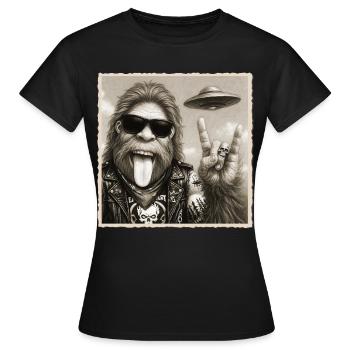 Rock, Rocker, Rock Musik, Rock Hand, Bigfoot UFO - Frauen T-Shirt - Schwarz - Vorne - AI Model Female 172 dark (172cm)