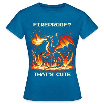 Feuerfest? Niedlich. | Fantasy Drache Pixel Art - Frauen T-Shirt - Antikblaues Saphir meliert - Vorne - AI Model Female 172 dark (172cm)