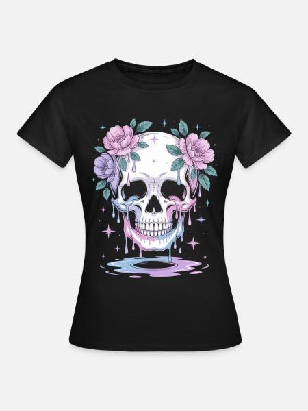 Kawaii Pastel Goth Totenschädel Blumen - Frauen T-Shirt - Schwarz