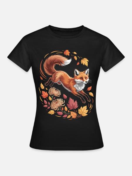 Fuchs mit Herbstblättern - Frauen T-Shirt - Schwarz