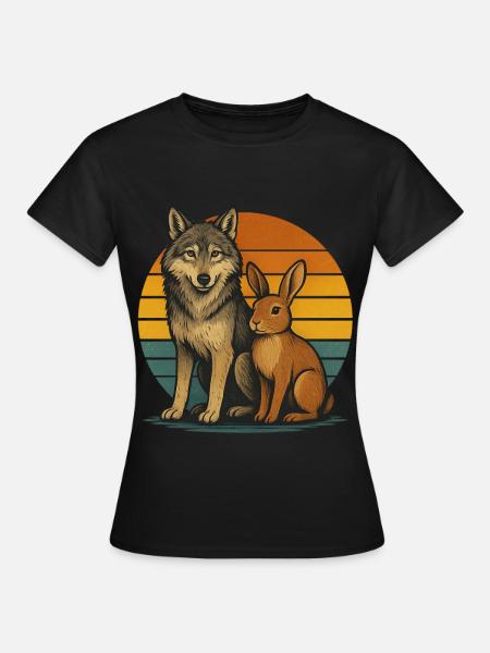 Wolf und Hase Retro - Frauen T-Shirt - Schwarz