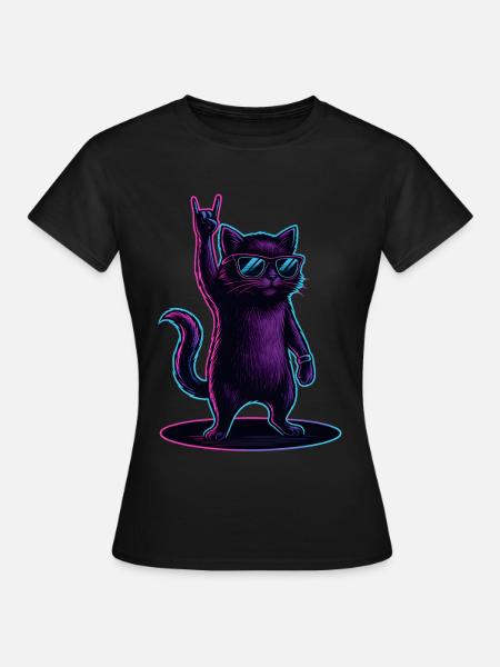Synthwave Kater Katze mit Rockhand Pose - Frauen T-Shirt - Schwarz