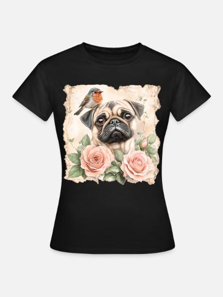 Mops und Rotkehlchen - Frauen T-Shirt - Schwarz