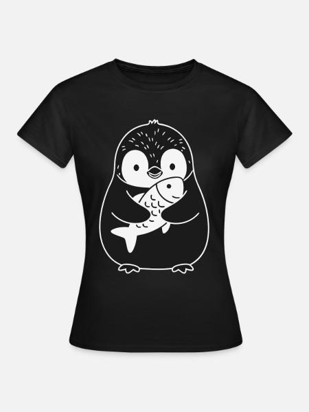 Süßer Pinguin Mit Fisch - Frauen T-Shirt - Schwarz