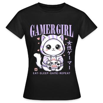 Gamer Girl Cat Kawaii Anime Gaming Mignon - T-shirt Femme - noir - Devant - AI Model Female 172 dark (172cm)