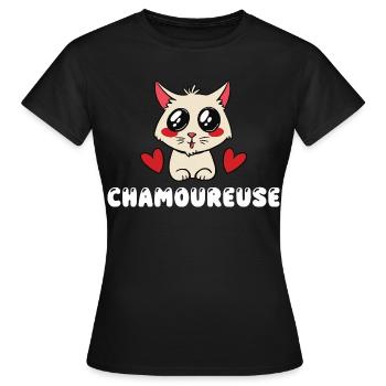 Chamoureuse Chat Amoureux Kawaii Mignon Jeu de Mot - T-shirt Femme - noir - Devant - AI Model Female 172 dark (172cm)
