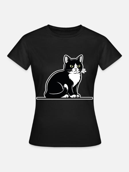 Smoking Katze Schwarz-Weiß Porträt Elegant Sitzend - Frauen T-Shirt - Schwarz