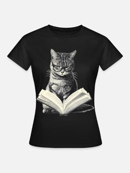 Katze liest Buch - Frauen T-Shirt - Schwarz
