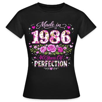 40. Geburtstagsgeschenk der Frau – Blumengeburtstag 1986 - Frauen T-Shirt - Schwarz - Vorne - AI Model Female 172 dark (172cm)