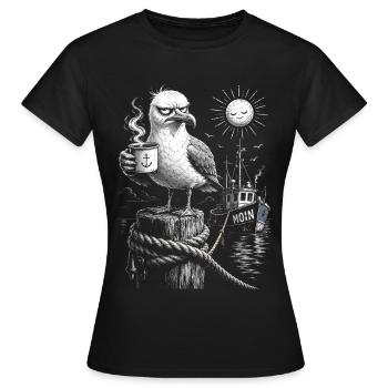 MOIN – Grummeliges Möwe mit Kaffee - Frauen T-Shirt - Schwarz - Vorne - AI Model Female 172 dark (172cm)