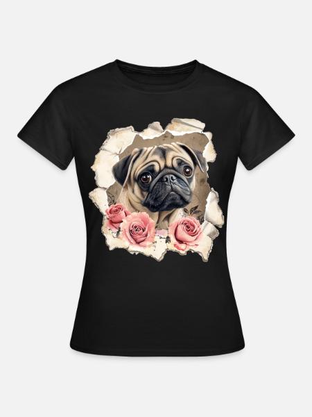 Mops mit Rosen - Frauen T-Shirt - Schwarz