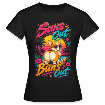 Corgi-Strand Sonne aus, Bündchen raus | Retro-Sommerhumor - Frauen T-Shirt - Schwarz - Vorne - AI Model Female 172 dark (172cm)