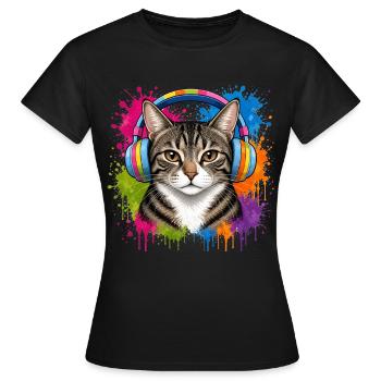Katze mit Musik Kopfhörer im Farben-Splash Katzen - Frauen T-Shirt - Schwarz - Vorne - AI Model Female 172 dark (172cm)