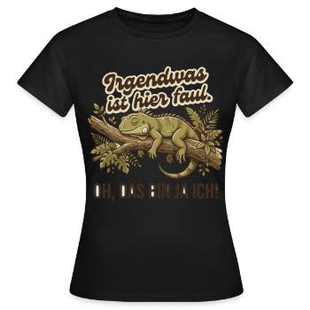 Irgendwas ist hier faul Leguan Spruch - Frauen T-Shirt - Schwarz - Vorne - AI Model Female 172 dark (172cm)