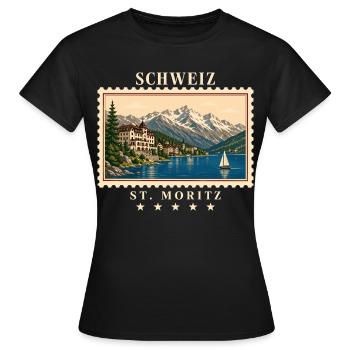 Schweiz St. Moritz Vintage Reisemarke - Frauen T-Shirt - Schwarz - Vorne - AI Model Female 172 dark (172cm)