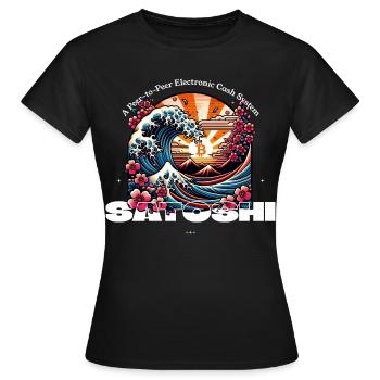 Vague d’ukiyoe Bitcoin avec des cerisiers en fleurs - T-shirt Femme - noir - Devant - AI Model Female 172 dark (172cm)