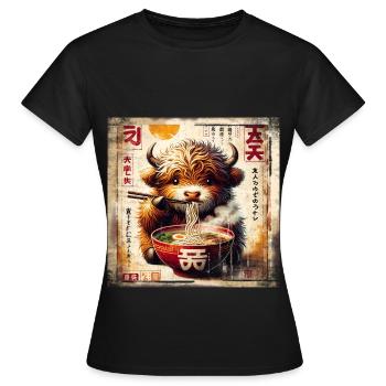 Highland Cow Ramen Vintage Poster Style - Frauen T-Shirt - Schwarz - Vorne - AI Model Female 172 dark (172cm)