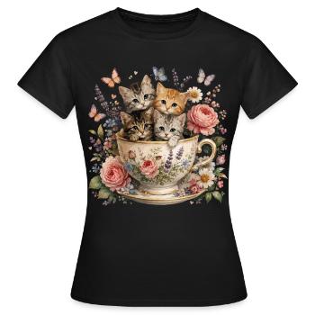 Chatons Dans Une Tasse De Thé Fleurs Vintage - T-shirt Femme - noir - Devant - AI Model Female 172 dark (172cm)