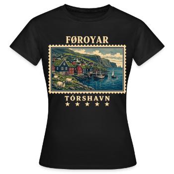 Färöer Tórshavn Vintage Reisemarke - Frauen T-Shirt - Schwarz - Vorne - AI Model Female 172 dark (172cm)