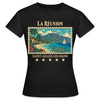 La Réunion Saint-Gilles Vintage Reisemarke - Frauen T-Shirt - Schwarz - Vorne - AI Model Female 172 dark (172cm)