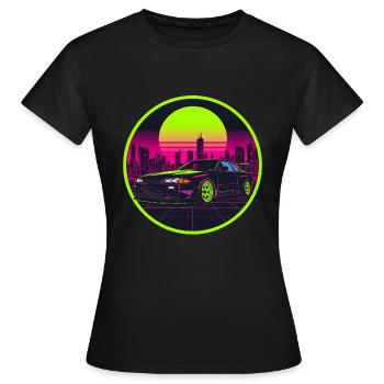 Autocollant Synthwave R32 rétro JDM Soleil Néon des années 90 - T-shirt Femme - noir - Devant - AI Model Female 172 dark (172cm)