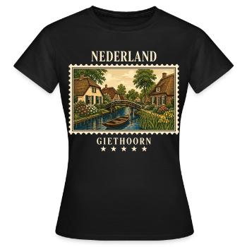Niederlande Giethoorn Vintage Reisemarke - Frauen T-Shirt - Schwarz - Vorne - AI Model Female 172 dark (172cm)