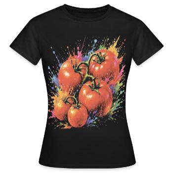 Tomato on the Vine, mehrfarbiges Gemüse, Splash Art - Frauen T-Shirt - Schwarz - Vorne - AI Model Female 172 dark (172cm)