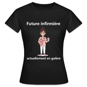Étudiante Infirmière Épuisée - Cadeau Humour IFSI  - T-shirt Femme - noir - Devant - AI Model Female 172 dark (172cm)