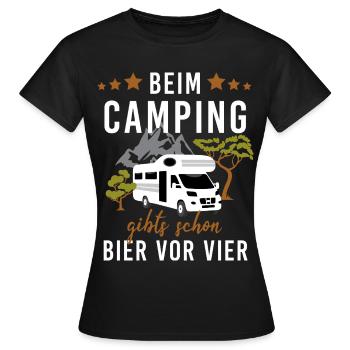 Beim Camping – Bier vor Vier! Wohnwagen - Frauen T-Shirt - Schwarz - Vorne - AI Model Female 172 dark (172cm)