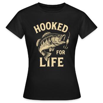 Angler T-Shirt Hooked for Life – Fisch am Haken - Frauen T-Shirt - Schwarz - Vorne - AI Model Female 172 dark (172cm)