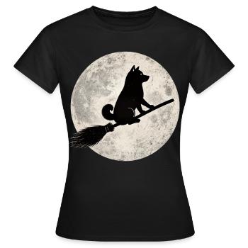 Shiba Inu Hexenbesen Vollmond T-Shirt Halloween - Frauen T-Shirt - Schwarz - Vorne - AI Model Female 172 dark (172cm)