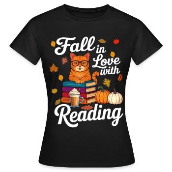 Cat Reading Books Autumn Pumpkin - Book Lover - Women's T-Shirt - black - Front - AI Model Female 172 dark (172cm)