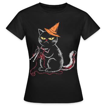 Schwarze Mürrische Katze Stricken Hexenhut T-Shirt - Women's T-Shirt - black - Front - AI Model Female 172 dark (172cm)