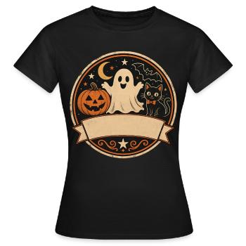 T-shirt Chat Citrouille Fantôme Halloween Rétro - T-shirt Femme - noir - Devant - AI Model Female 172 dark (172cm)