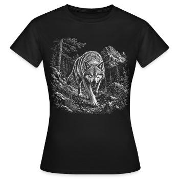 Wild wolf in mountain landscape in engraving style - Women's T-Shirt - black - Front - AI Model Female 172 dark (172cm)