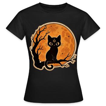 Black Cat in Front of Full Moon Halloween Motif - Women's T-Shirt - black - Front - AI Model Female 172 dark (172cm)