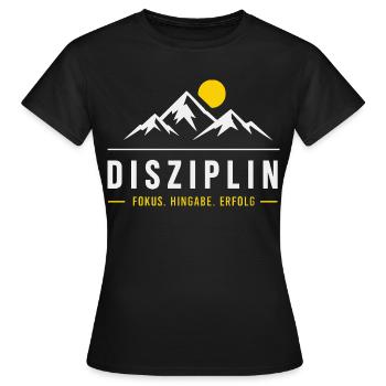Disziplin Bergmotiv Sonnenaufgang - Frauen T-Shirt - Schwarz - Vorne - AI Model Female 172 dark (172cm)