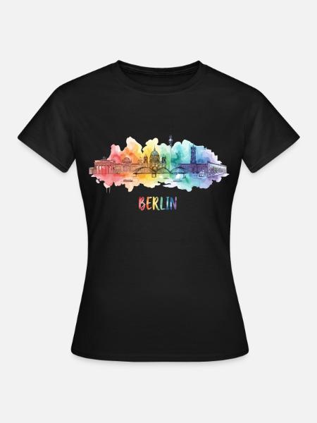 Berlin Skyline Regenbogen Aquarell - Frauen T-Shirt - Schwarz