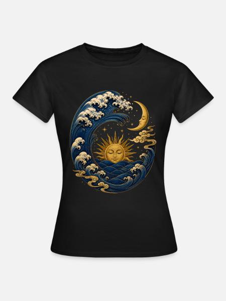 Japanische Welle mit Sonne und Mond - Frauen T-Shirt - Schwarz