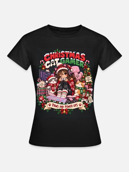 Weihnachtskatze Gamer - Frauen T-Shirt - Schwarz
