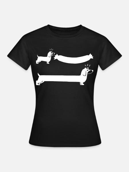 Der weiße Hund und die Wurst - Frauen T-Shirt - Schwarz