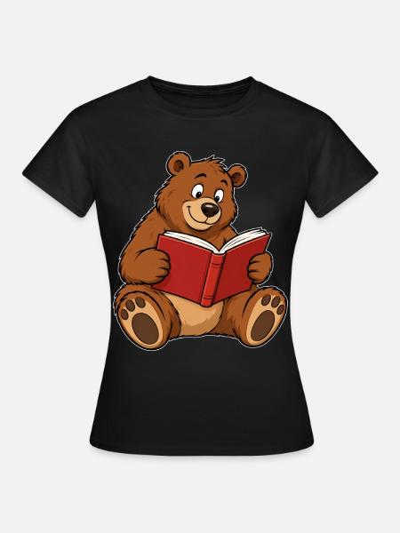 Süßer Teddybär liest ein Buch - Frauen T-Shirt - Schwarz