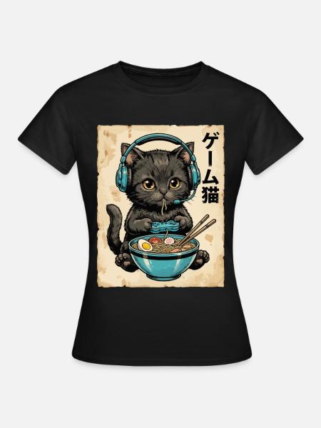 Gamer-Katze mit Ramen und Headset - Frauen T-Shirt - Schwarz